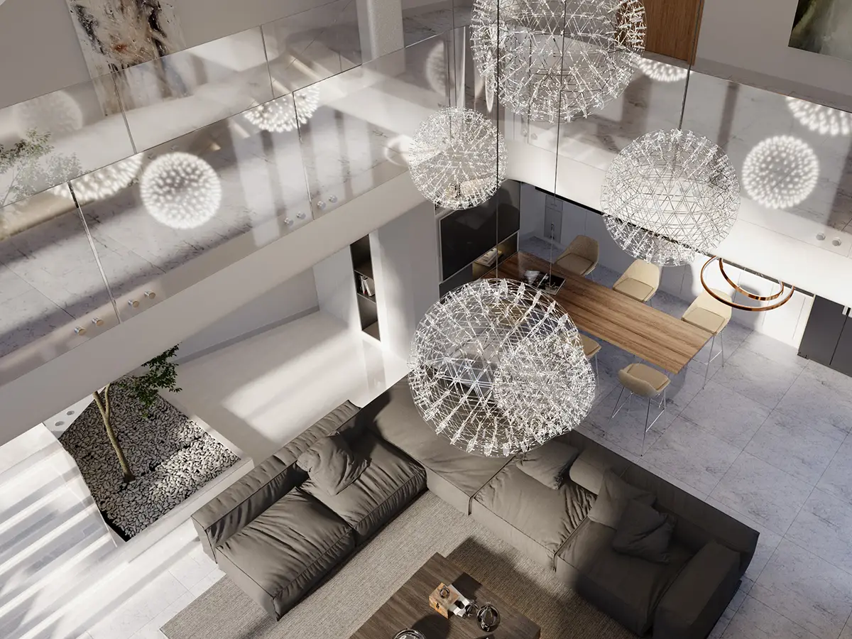 Render 3d in provincia di Lecco - interno abitazione vista dall'alto
